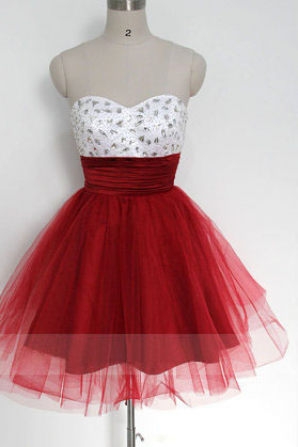 short red prom dress, sweet heart prom dress, knee-length prom dress, lovely lace-up prom dress