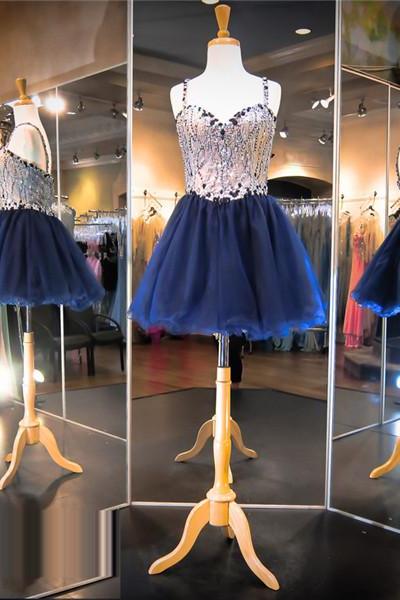 Navy Blue Prom Dress,Sweetheart Short Prom Dress,Spaghetti Straps Homecoming Dres