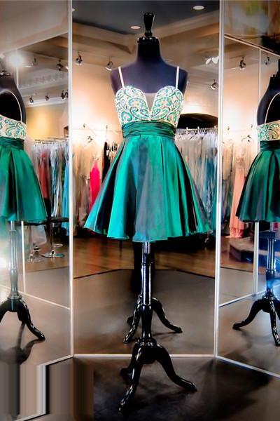 Green Prom Dress,Sweetheart Short Prom Dress,Spaghetti Straps Homecoming Dresss