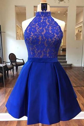 Royal Blue Lace Prom Dress, Halter Neck Mini Prom Gowns ,short Homecoming Dress For Junior