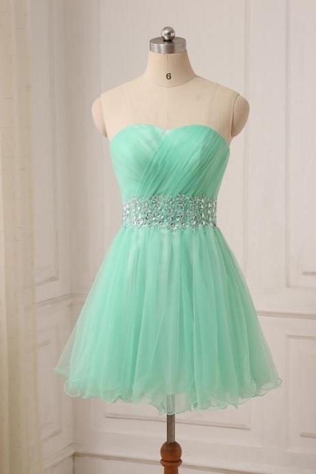 Green Beaded Ruffle Short Homecoming Dress, Strapless Short Prom Dress, Mini Prom Gowns