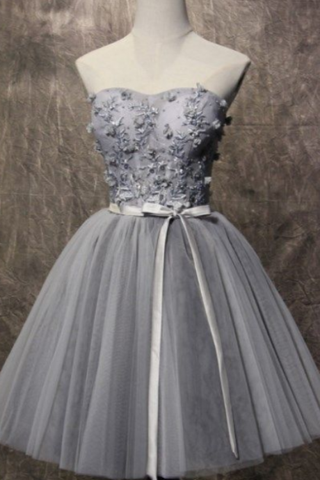Gray Tulle Short Homecoming Dress , A Line Prom Dress, Mini Cocktail Gowns