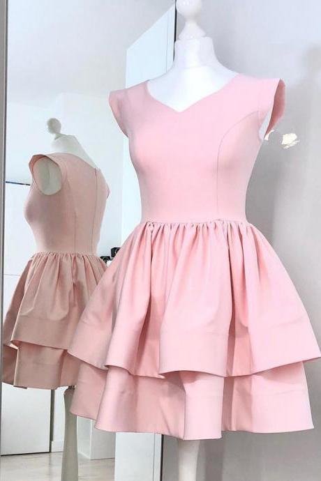 A-line V-neck Cap Sleeves Pink Homecoming Dress, Two Layers Satin Mini Prom Dresses, Sweet Dress