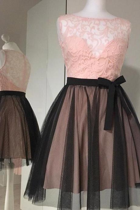 A Line Sleeveless Pink Tulle Homecoming Dress With Sash, Lace Homecoming Gown