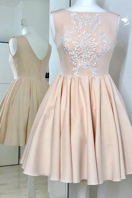 Champagne Sleeveless Ruched Homecoming Dress With Appliques, Simple Short Sweet Dress, Satin Graduation Dresses