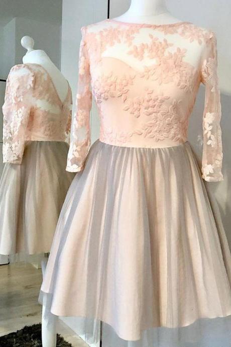 A-line Long Sleeves Tulle Homecoming Dress With Appliques, Short Tulle Prom Dresses, Mini Long Sleeve Party Dress