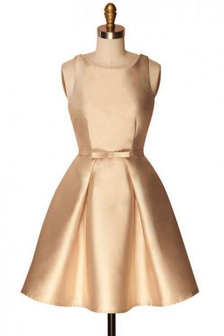 Gold A Line Sleeveless Satin Mini Homecoming Dresses, Simple Short Prom Dress With Bowknot