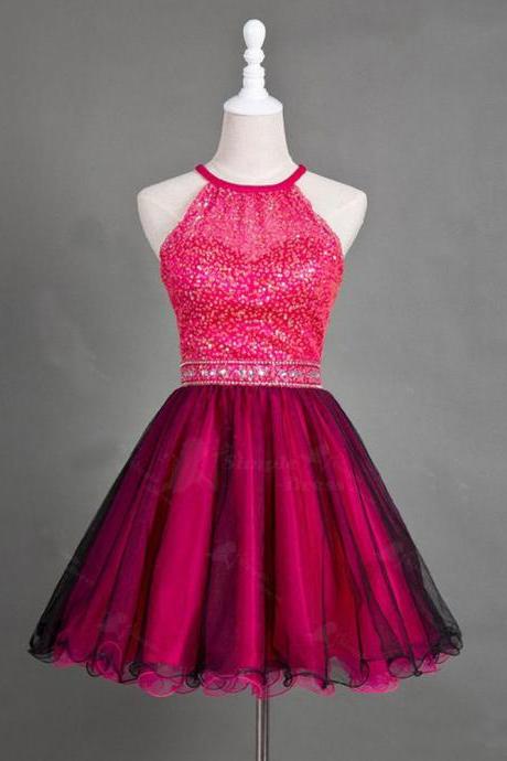 Cute A Line Round Neck Black And Rose Red Short Homecoming Dresses With Beading, Short Prom Dresses, A Line Tulle Mini Homecoming Dress