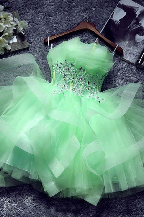 Mint Green Mini Cocktail Dress Cascading Ruffles Strapless Short Party Dress,chic Sleeveless Lace Appliques Graduation Dress