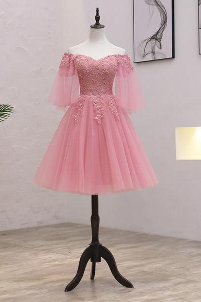 Pink Tulle Lace Short Prom Dress, Homecoming Dress