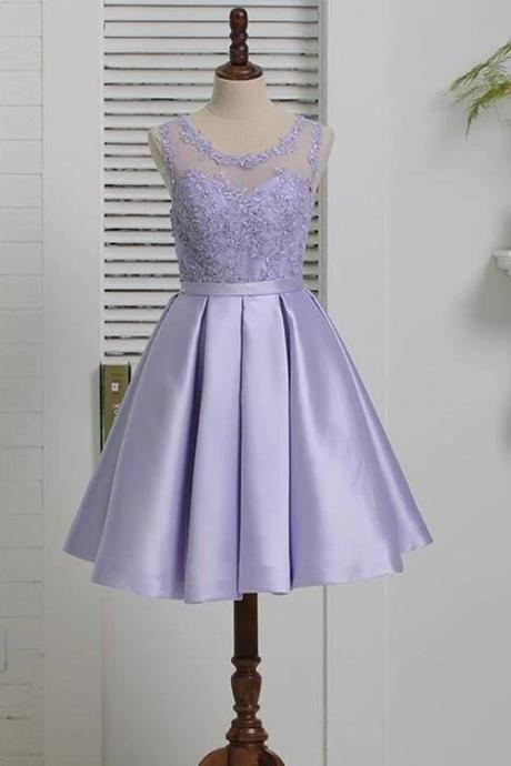 Lavender Satin With Lace Knee Length Homecoming Dress, Short Prom Dress