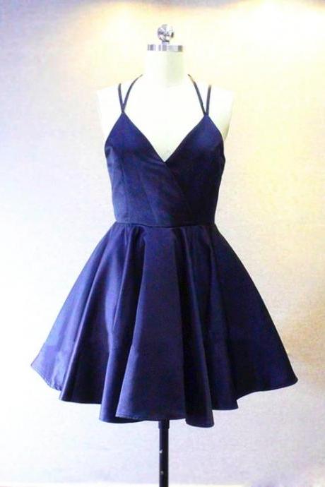 Cute Navy Blue Straps Sweetheart Short Party Dress, Navy Blue Homecoming Dress