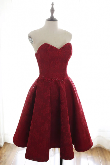 Burgundy Sweetheart Lace Short Prom Dresses, Homecoming Dresses