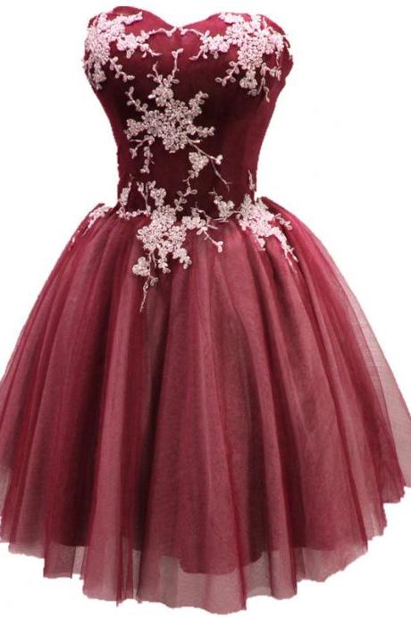 Short Burgundy Tulle Homecoming Dress With White Applique, Cute Party Dress, Sweetheart Homecoming Dresses
