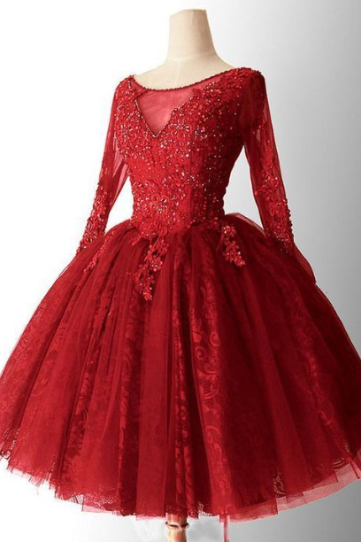 Chic A-line Red Homecoming Dresses, Lace Short Prom Dress, Long Sleeve Homecoming Dress