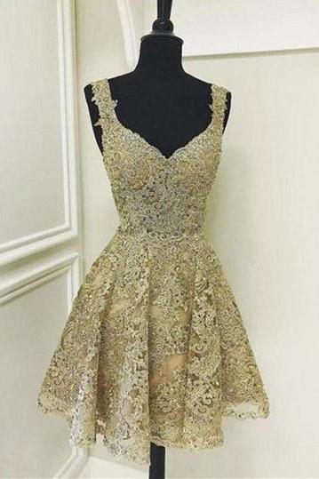 Gold Lace Homecoming Dresses, Evening Dresses