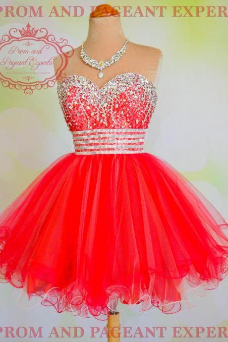 Sweetheart Tulle Homecoming Dresses,Beaded Red Prom Dresses