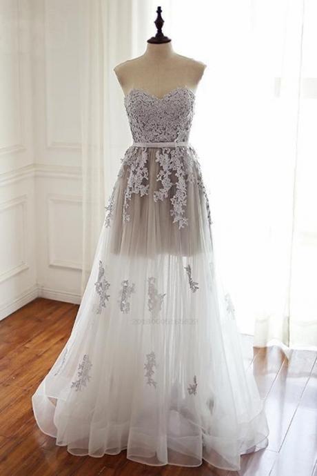 Gray appliques tulle long homecoming dresses,beautiful off the shoulder sleeveless evening dresses