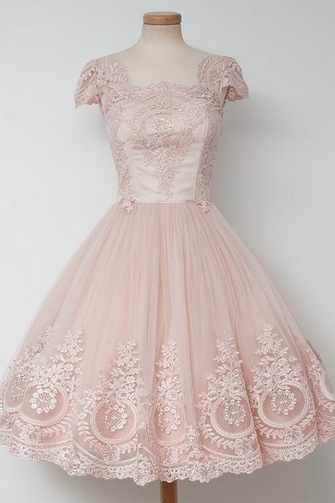 Cute A-Line Square Collar Appliques Evening dresses,Cap Sleeves Pearl Pink Tulle Homecoming Dresses