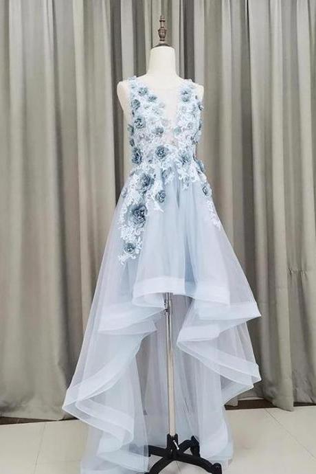 Light Blue Tulle Flowers Homecoming Dresses,Charming Appliques Lace High Low Party Dresses