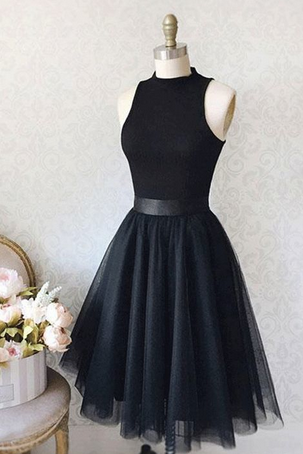 Cute Black Sleeveless Prom Dresses,Short Round Collar Homecoming Dresses,A-Line Graduation Dresses