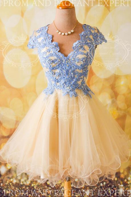 Cap Sleeves Short Prom Dresses,Lace Appliques Homecoming Dresses, Tulle Party Dresses