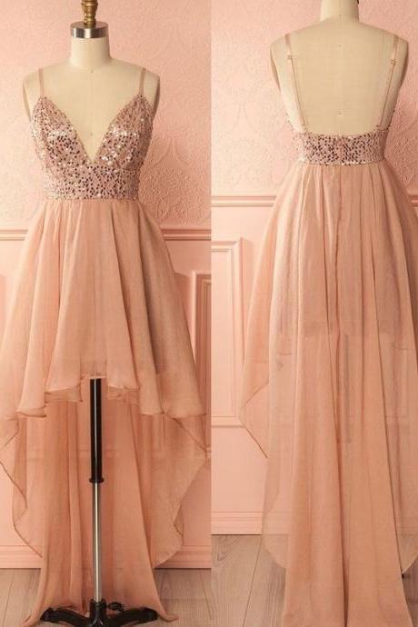 Pink Sequin Open Back Tulle Prom Dresses,Charming Spaghetti Strap Evening Dresses,Fashion High-Low Homecoming Dresses