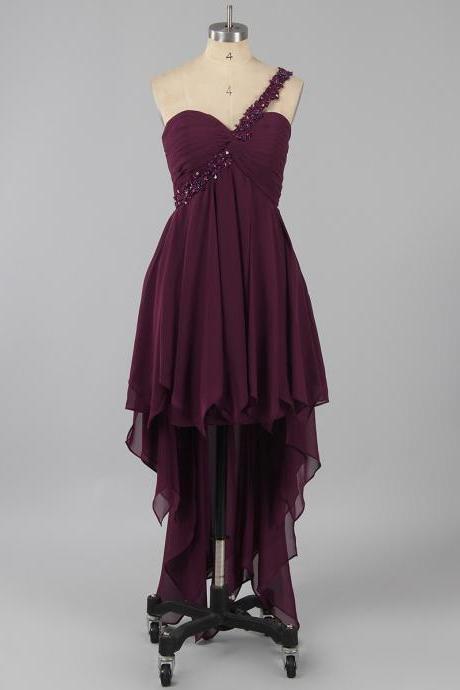 Asymmetric High Low Plum Homecoming Dress with Pleats, Chiffon Homecoming Dress with one Beaded Strap, Sexy Homecoming Dress with Open Back