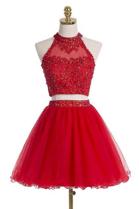 High Neck Red Homecoming Dress with Beads and Sequins, Short Homecoming Dress with Key Hole Back, Two Piece Tulle Homecoming Dress