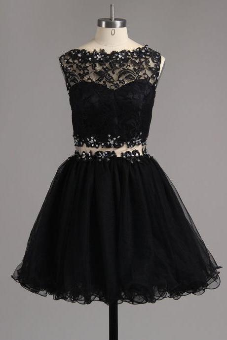 Neck Black Beaded Homecoming Dress, Two Piece Tulle Homecoming Dress, Sexy See-through Lace Short Homecoming Dress