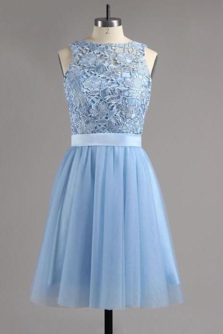 Ice Blue Homecoming Dress with Sash, Tulle Homecoming Dress with Lace Appliques, Short Open Back Homecoming Dress
