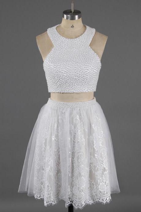Two Piece Pure White Homecoming Dress, Sweet Lace Pearl Homecoming Dress, Princess Short Homecoming Dress with Pearl Belt