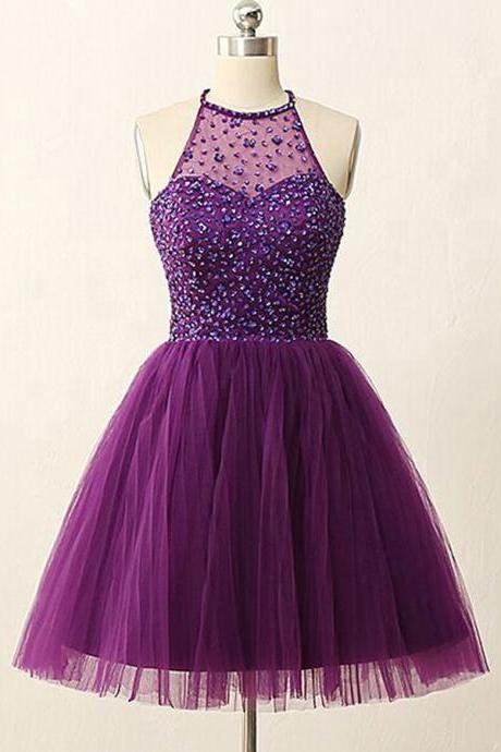 High Neck Purple Homecoming Dress, Tulle Homecoming Dress with Key Hole Back, Short Pleats Homecoming Dress with Sequins