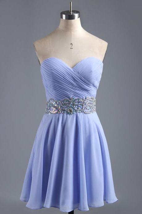 Sweetheart Homecoming Dresses with Ruching Detail, Mini Blue Violet Chiffon Homecoming Dress, Homecoming Dress with Beaded Belt