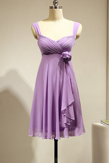 Lavender Bridesmaid Dress With Flower, Short Chiffon Bridesmaid Dress, Fashion Bridesmaid Gowns