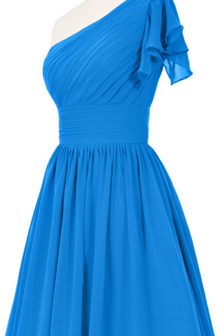 One Shoulder Bridesmaid Dress With Ruffles, Short Gowns For Bridesmaid, Asymmetric Blue Bridesmaid Dress With Soft Pleats