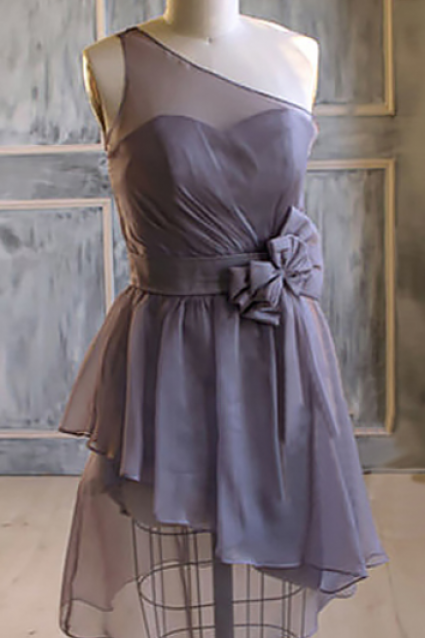 Short Bridesmaid Dress With A Feminine Bow, One Shoulder Bridesmaid Dress, Light Slate Gray Chiffon Bridesmaid Gowns