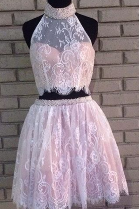 Two Piece Lace Homecoming Dresses,nude Pink Short Prom Dresses,halter Neckline Graduation Dresses