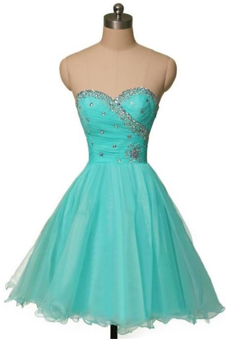 Short Puffy Prom Dresses,sweetheart Ball Gown Blue Cocktail Dresses, Beading And Crystal Homecoming Dresses