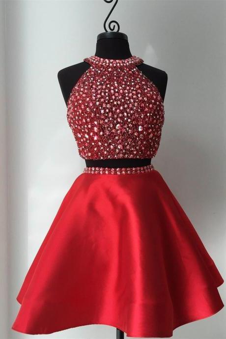 Two Pieces Homecoming Cocktail Dresses,hater Crystal Beads Short Two Piece Prom Dresses