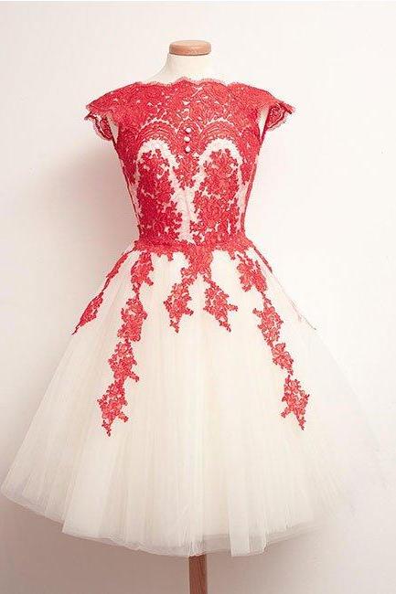 Homecoming Dresses,red Lace Tulle Short Prom Dress, Homecoming Dress