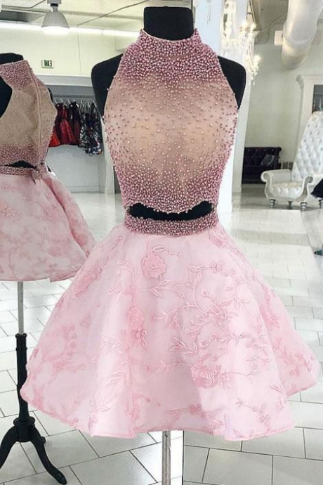 Chic Two Pieces A-line High Neck Homecoming Dresses, Short Prom Dress, Beaded Homecoming Dresses
