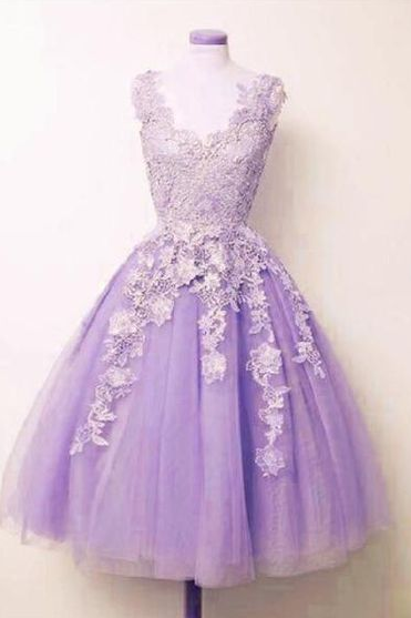 Lace Appliques Homecoming Dress, Lilac Tulle A-line Short Homecoming Dress