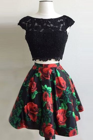 Two Piece Open Back Short Black Floral Homecoming Dress with Appliques