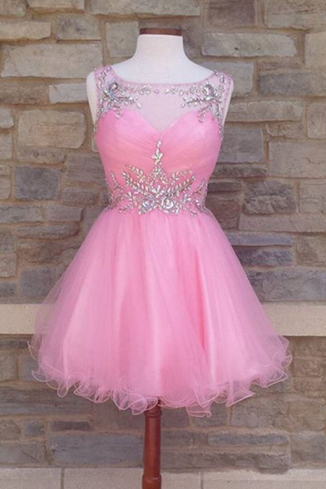 Cute A Line Homecoming Dresses, Blush Pink With Beaded Neck