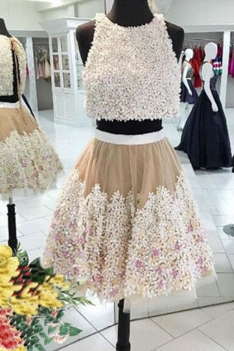 A-line Floral Lace Homecoming Dresses, Two Piece Prom Dress Short