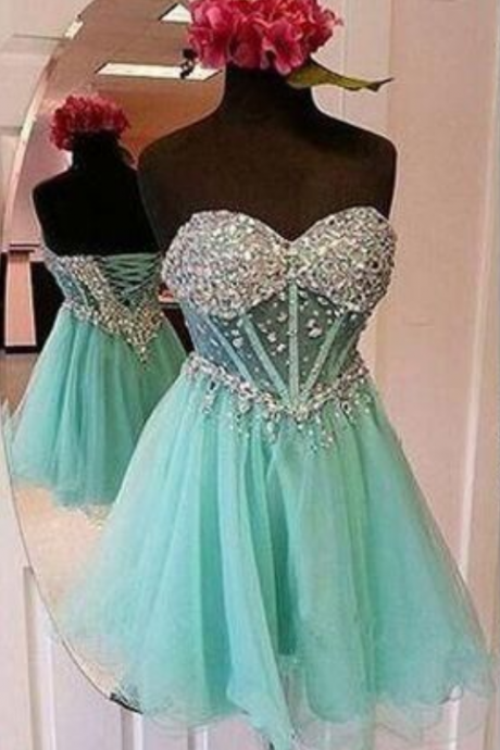 Green Sweetheart Tulle Short Prom Dress, Crystal Homecoming Dress