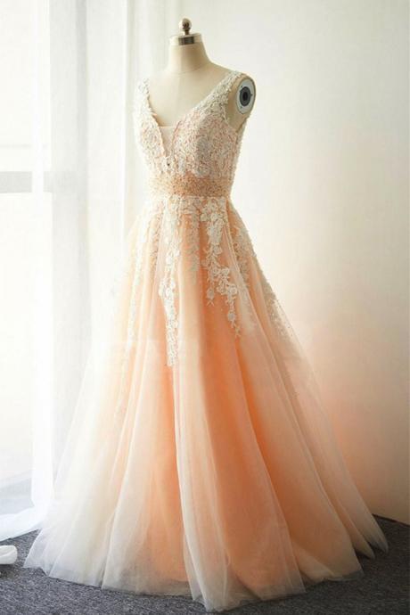 Cute Champagne V-neck White Applique Prom Dress,long Tulle Party Dress,homecoming Dresses