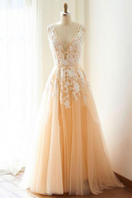 Champagne V-neck Applique Tulle Prom Dress,long White Lace Evening Dress,long Tulle Party Dress,homecoming Dresses