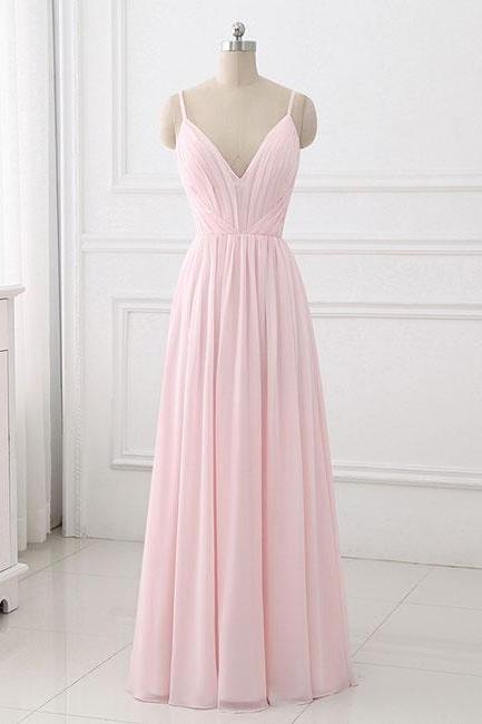 Simple Pink A-line Spaghetti Straps Long Prom Dress,long Evening Dress